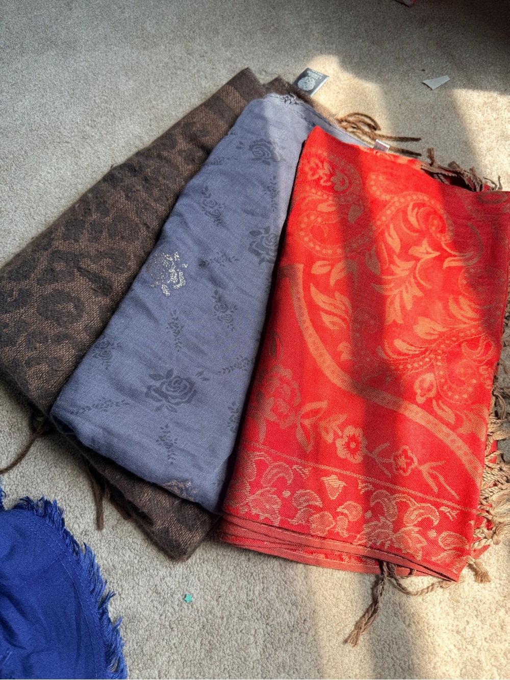Set of Three Woven Scarves - Red, Gray, Brown